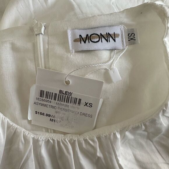 NWT Monn White Semi Sheer Asymmetric Tiered 3/4 sleeve Midi Dress size XS - Picture 2 of 8